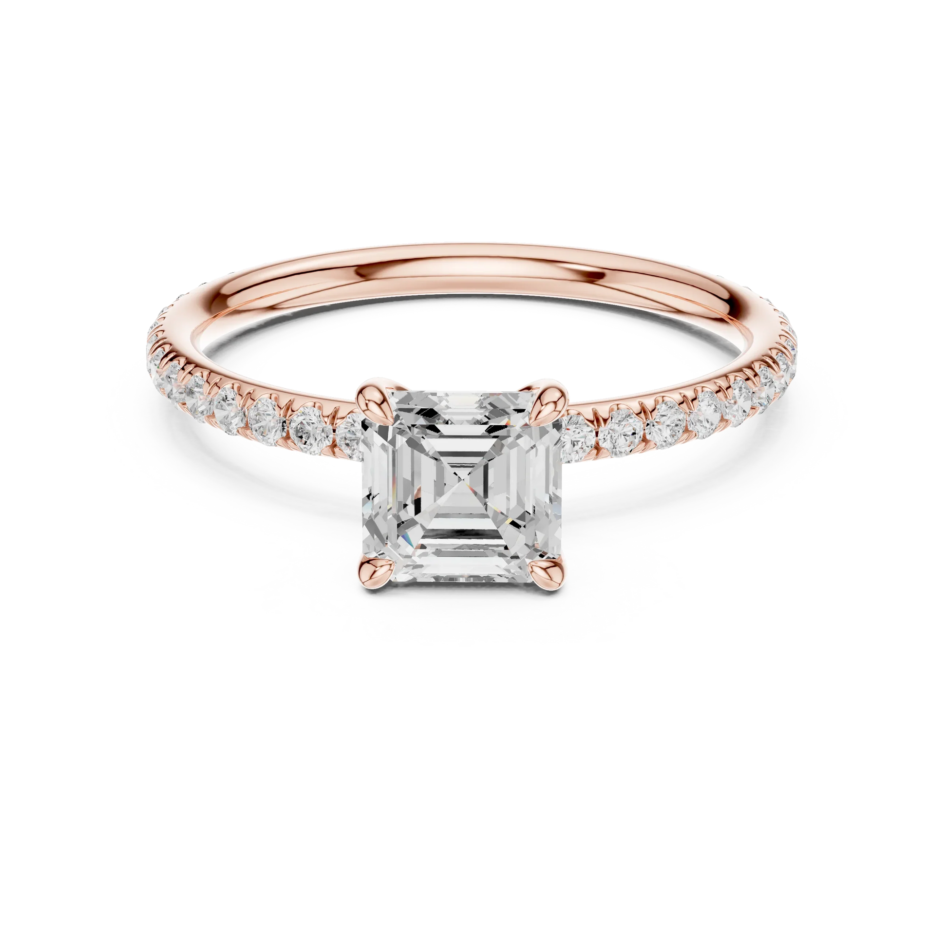 Lab-grown Asscher cut solitaire ring in rose gold with thin pavé diamond band
