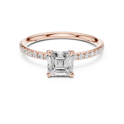 Lab-grown Asscher cut solitaire ring in rose gold with thin pavé diamond band
