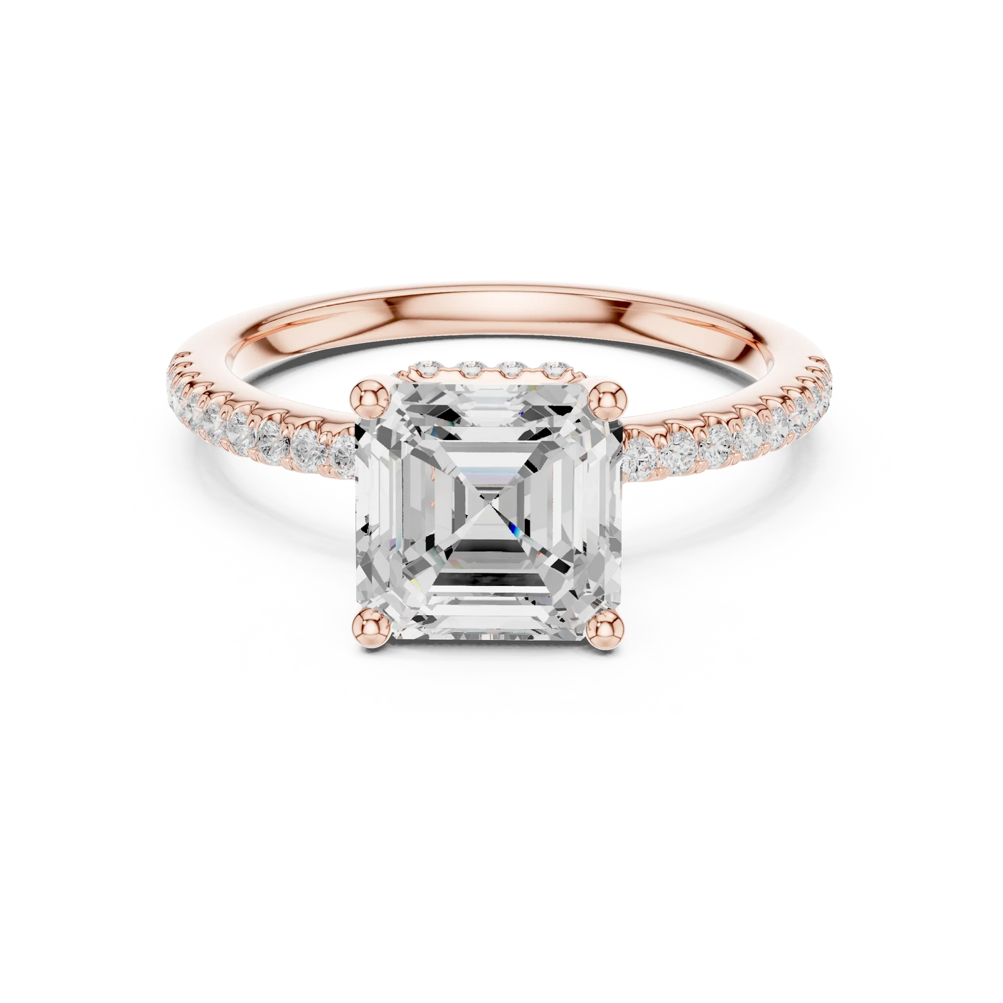 Rose gold Asscher cut solitaire ring with thin pave band and lab-grown diamond, modern vintage look