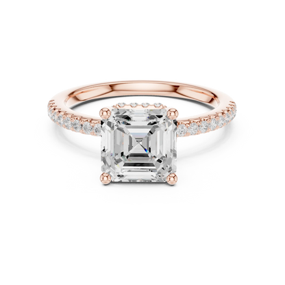 Rose gold Asscher cut solitaire ring with thin pave band and lab-grown diamond, modern vintage look