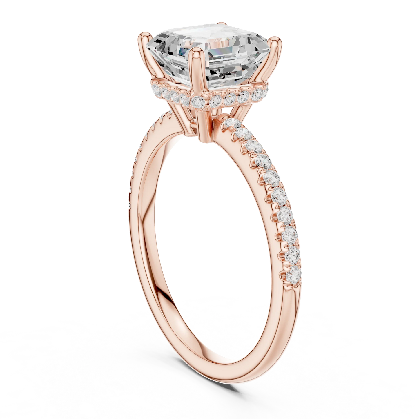 Back side view of rose gold Asscher cut solitaire ring showing thin pave band and setting structure
