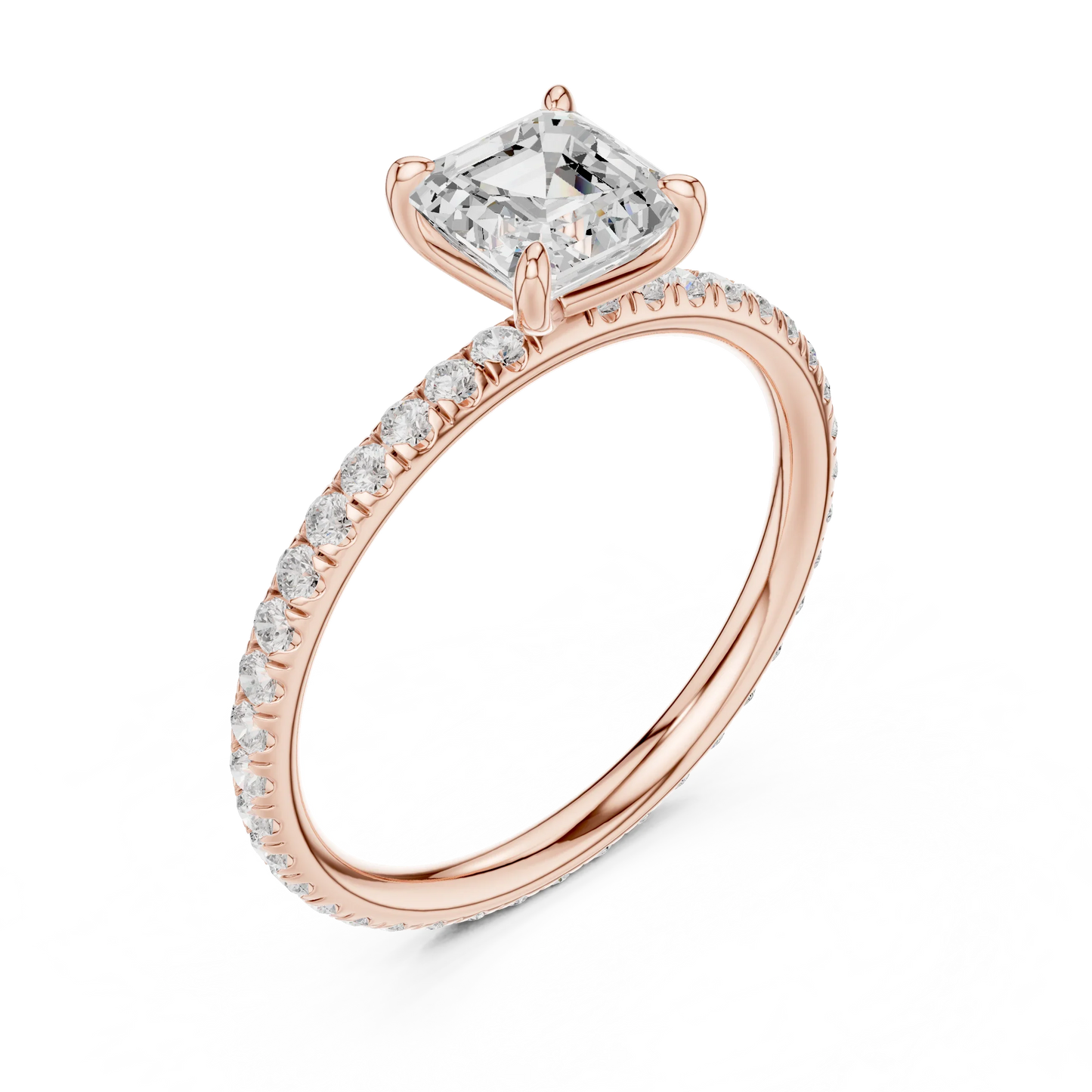 Front view of rose gold Asscher cut solitaire ring with thin pavé diamond band and center stone