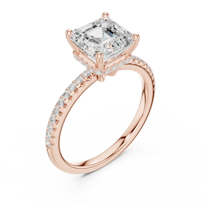Front view of rose gold Asscher cut solitaire ring with thin pave band and lab-created diamond