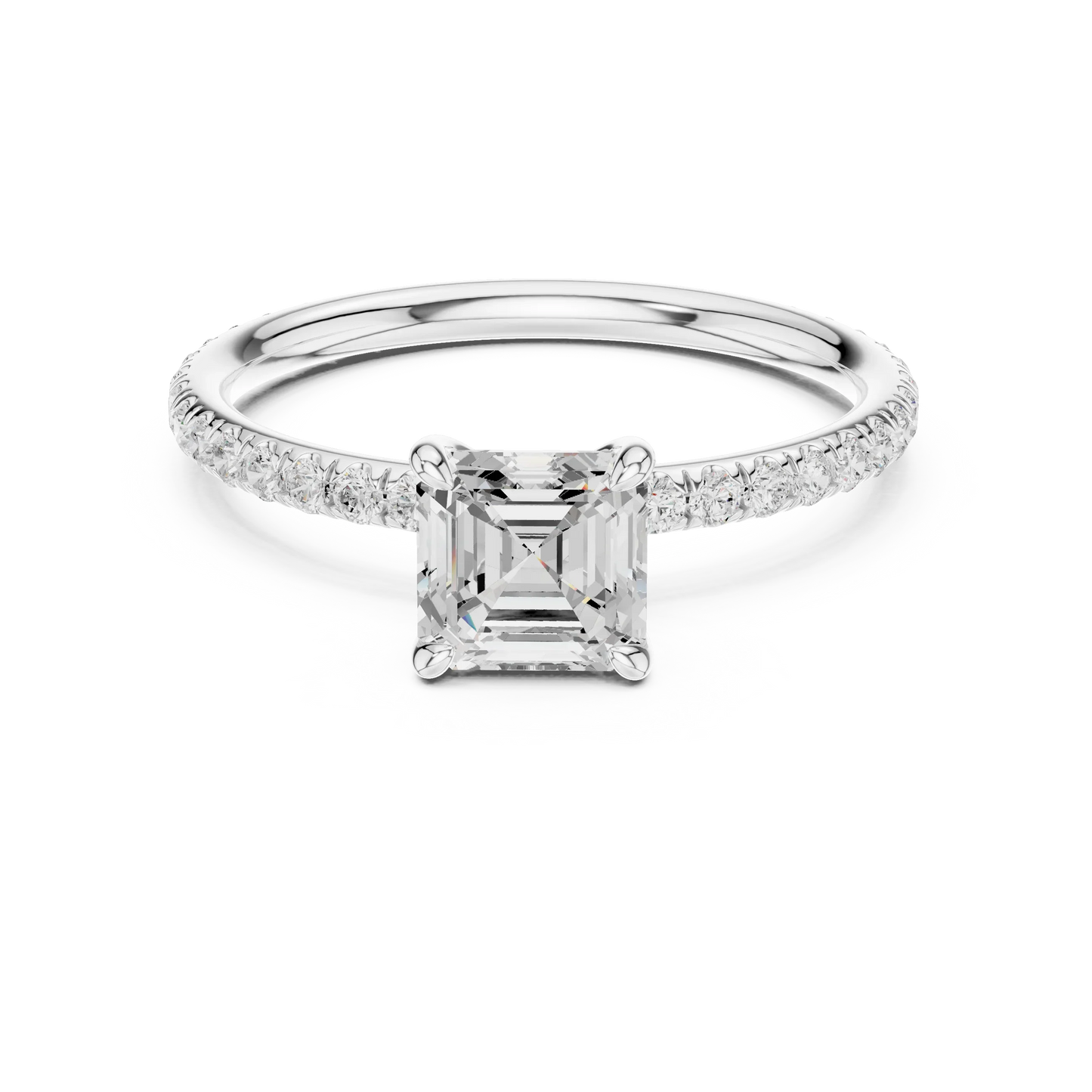 Lab-grown Asscher cut solitaire ring in white gold with thin pavé diamond band