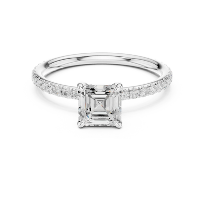 Lab-grown Asscher cut solitaire ring in white gold with thin pavé diamond band
