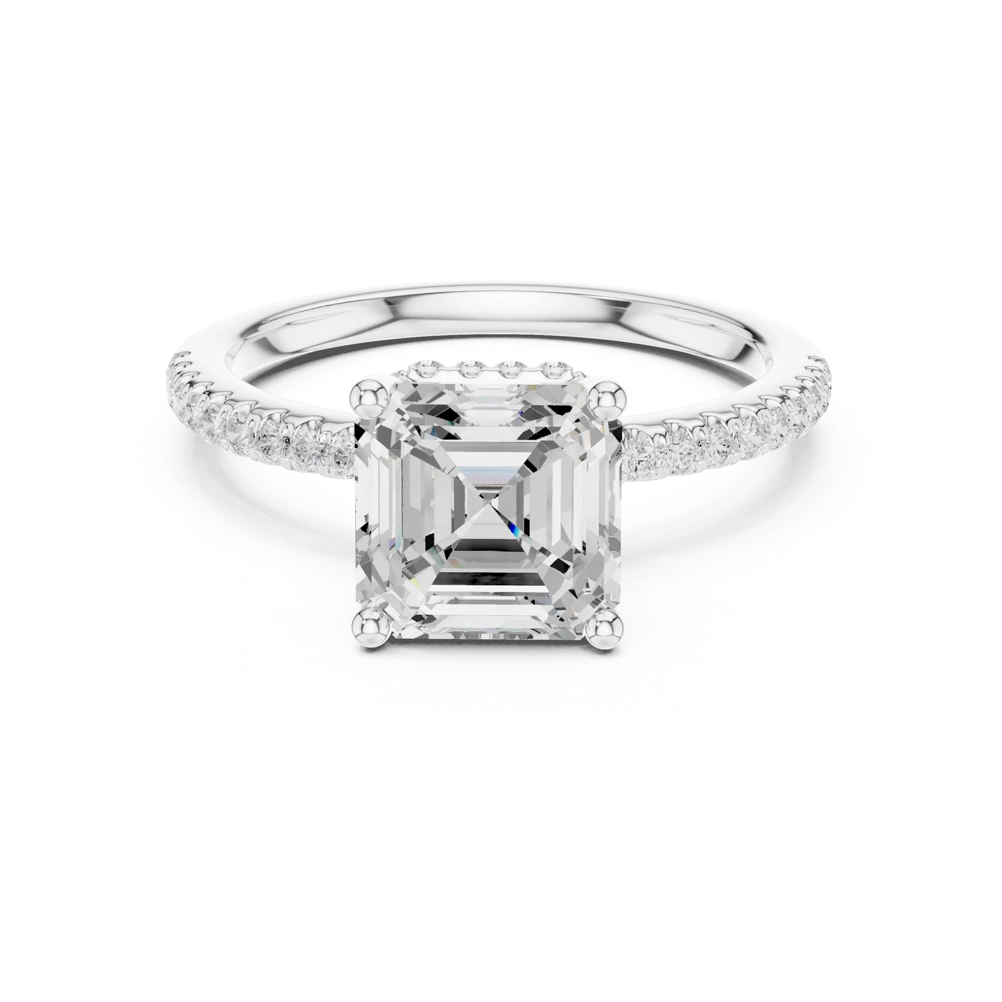 White gold Asscher cut solitaire ring with thin pave band and lab-grown diamond, sleek vintage-inspired design