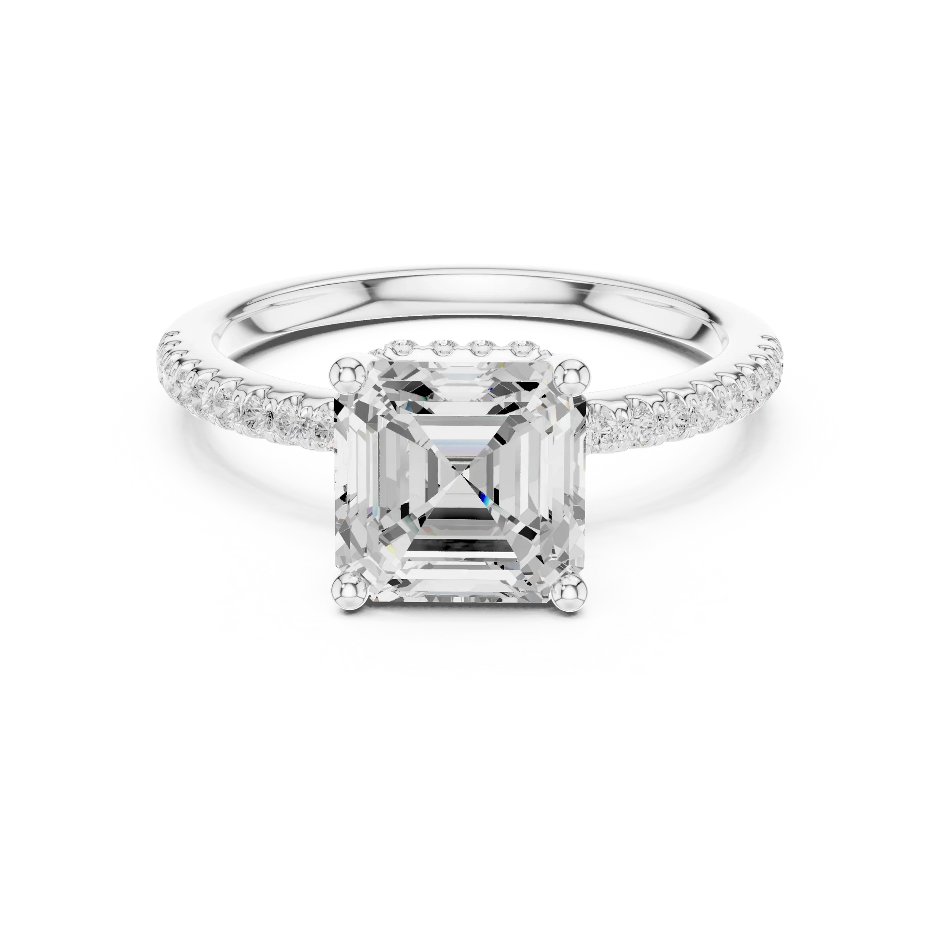 White gold Asscher cut solitaire ring with thin pave band and lab-grown diamond, sleek vintage-inspired design