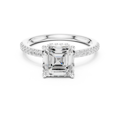 White gold Asscher cut solitaire ring with thin pave band and lab-grown diamond, sleek vintage-inspired design