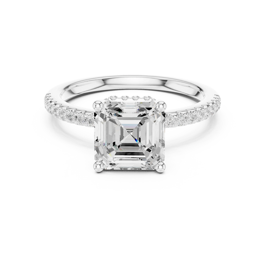 White gold Asscher cut solitaire ring with thin pave band and lab-grown diamond, sleek vintage-inspired design