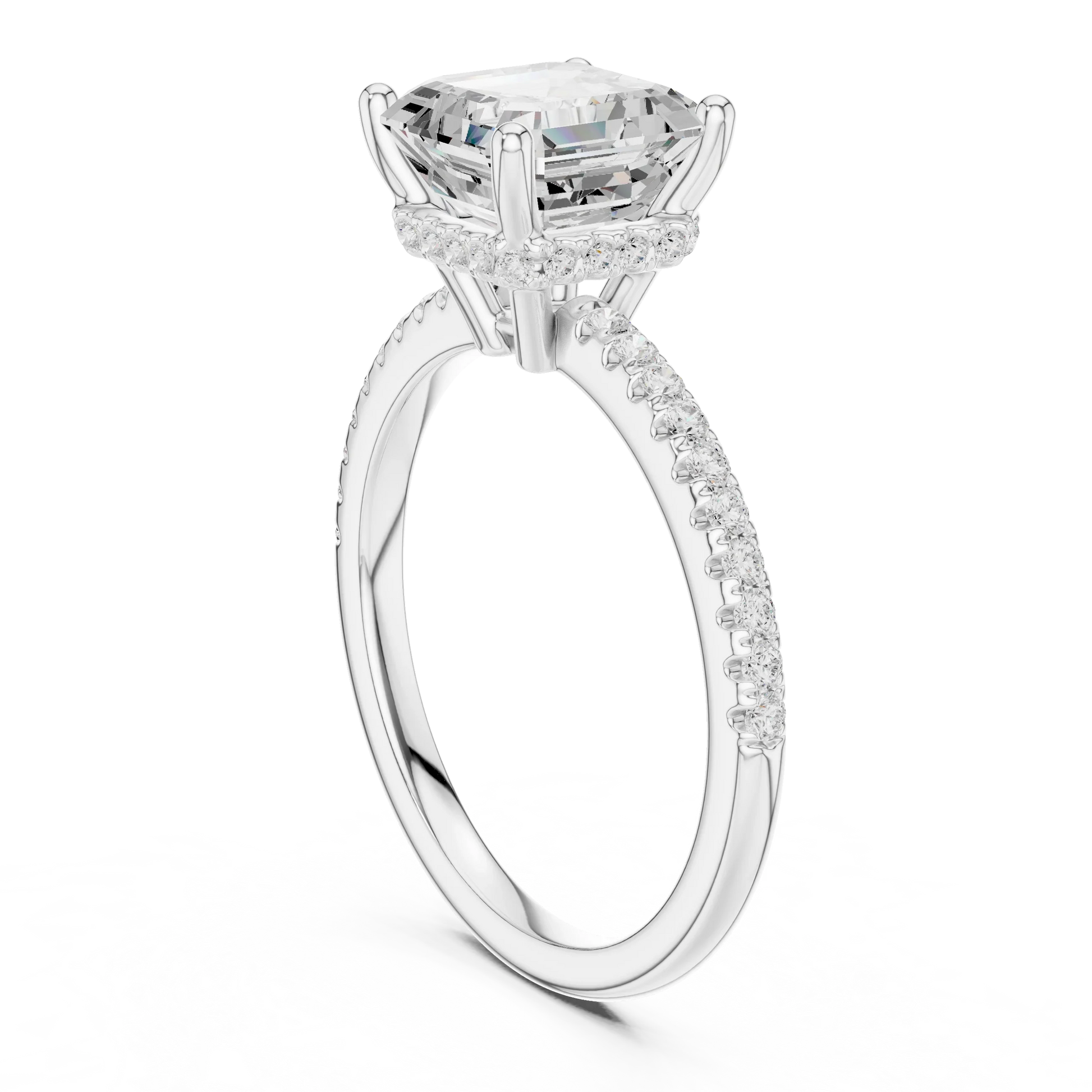 Back side view of white gold Asscher cut solitaire ring showing thin pave band and setting details