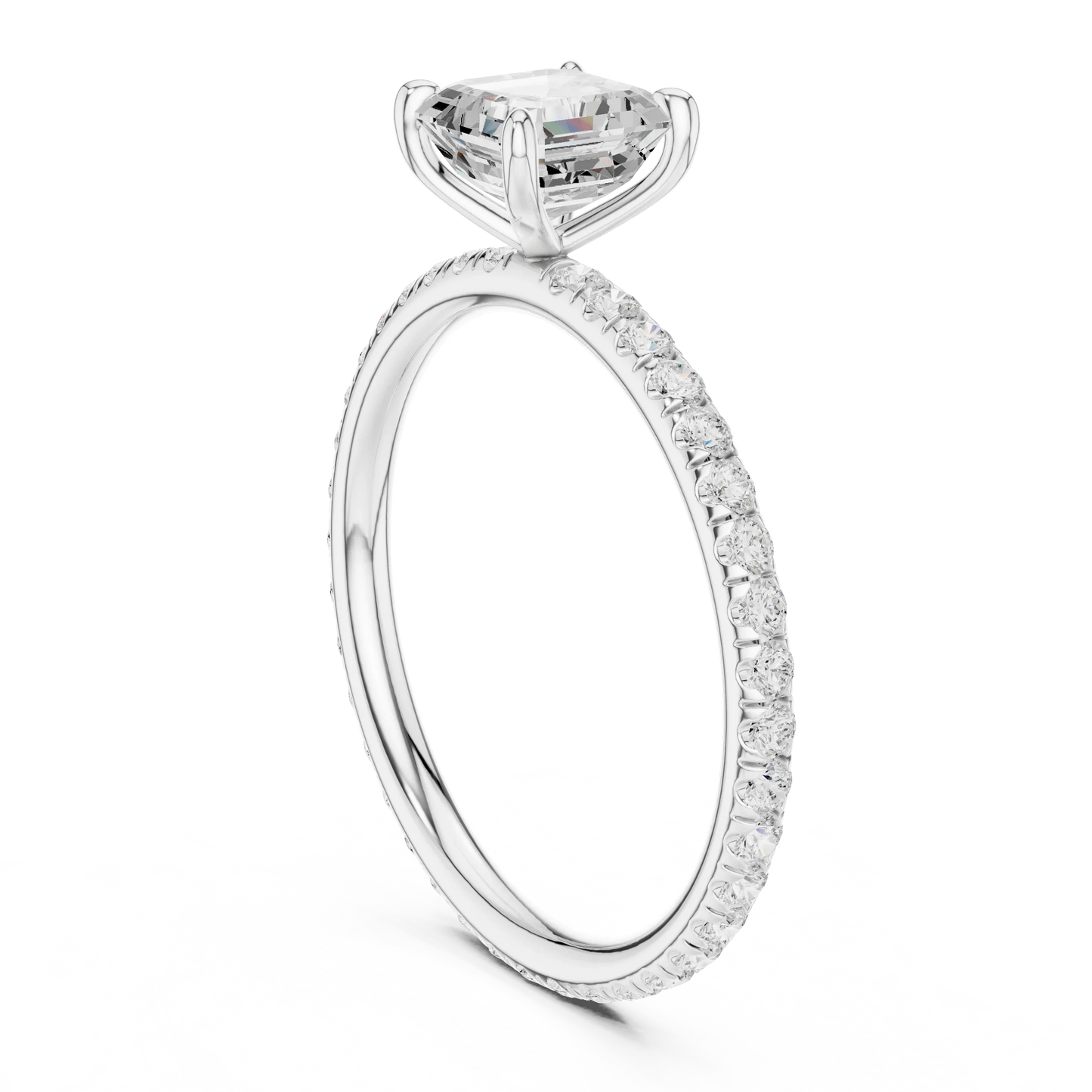 Back side view of white gold Asscher cut solitaire ring showing pavé band and setting details