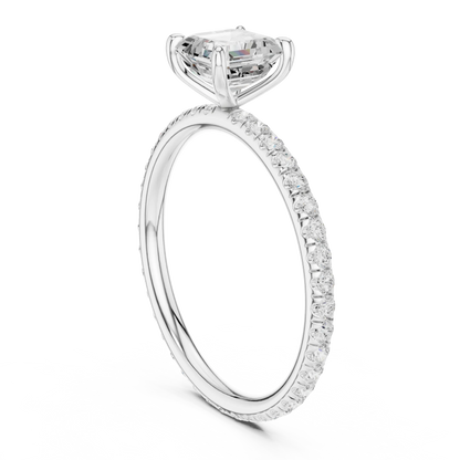 Back side view of white gold Asscher cut solitaire ring showing pavé band and setting details
