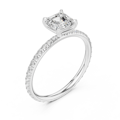 Front view of white gold Asscher cut solitaire ring with thin pavé diamond band and center stone