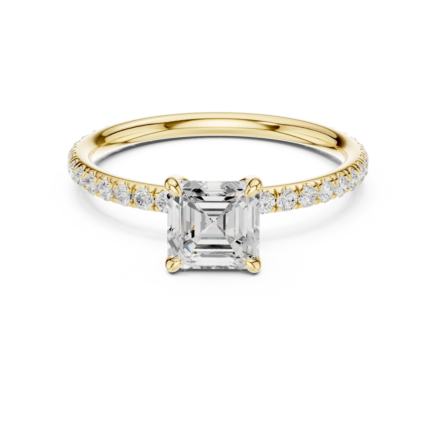 Lab-grown Asscher cut solitaire ring in yellow gold with thin pavé diamond band