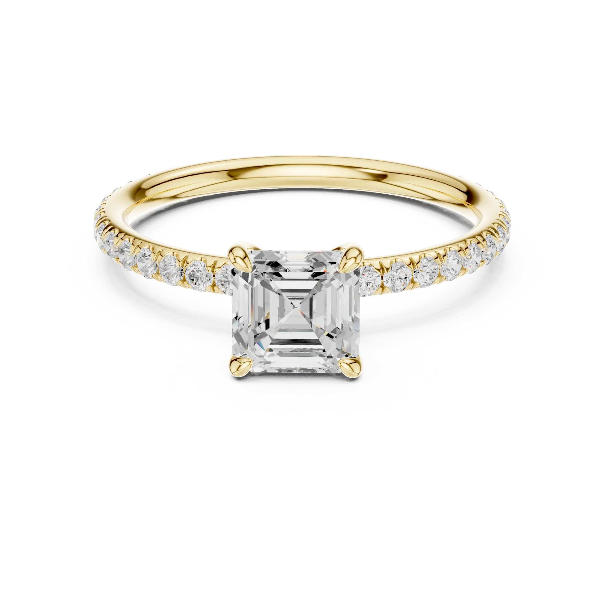 Lab-grown Asscher cut solitaire ring in yellow gold with thin pavé diamond band