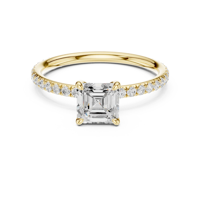 Lab-grown Asscher cut solitaire ring in yellow gold with thin pavé diamond band