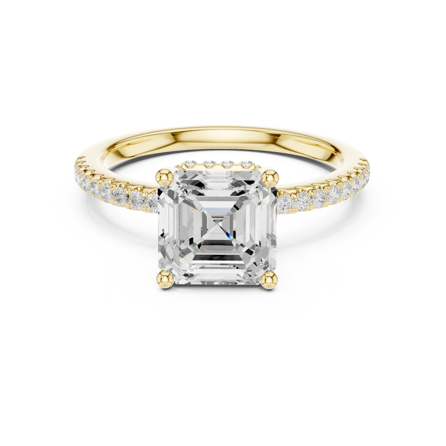Yellow gold Asscher cut solitaire ring with thin pave band and lab-grown diamond, classic elegant style