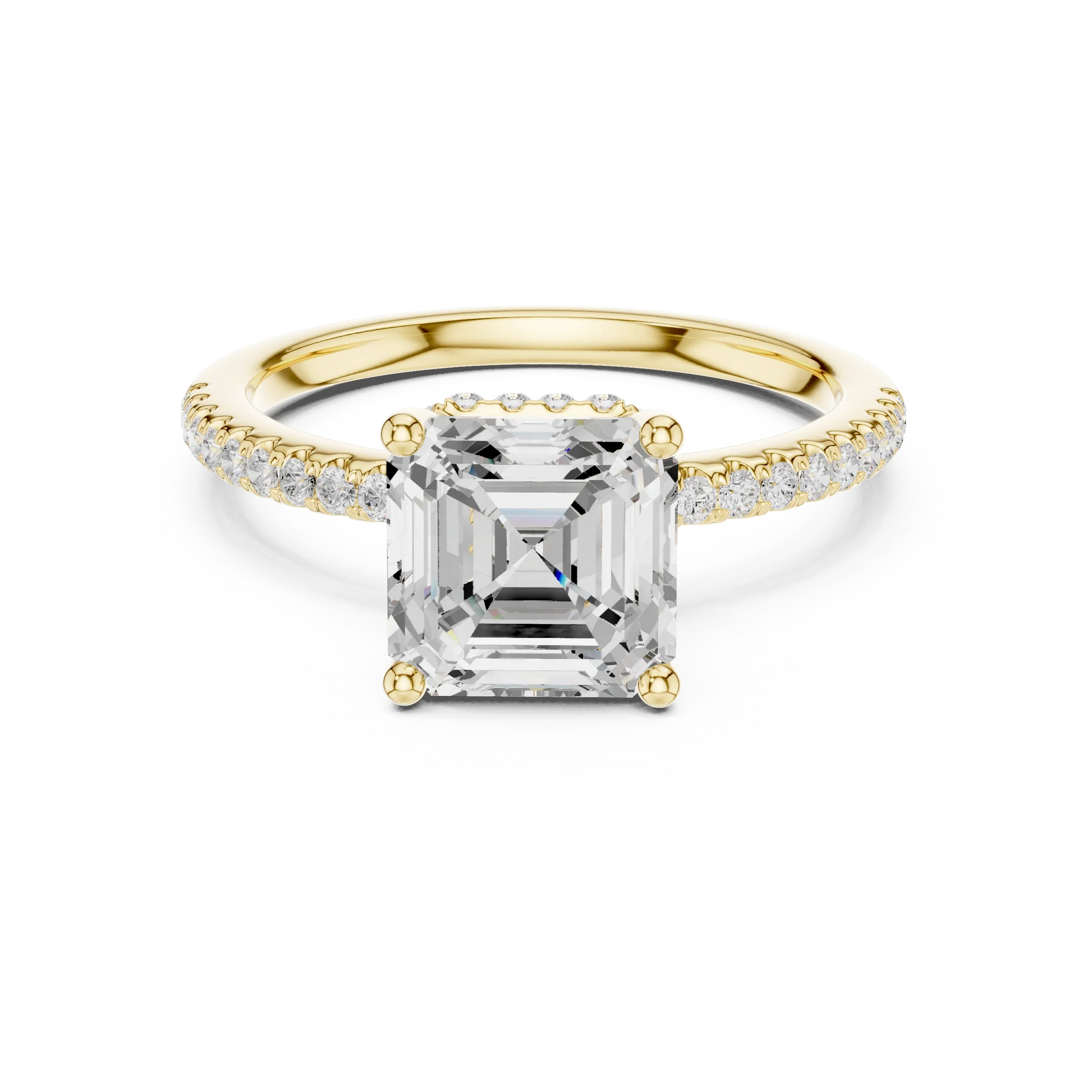 Yellow gold Asscher cut solitaire ring with thin pave band and lab-grown diamond, classic elegant style