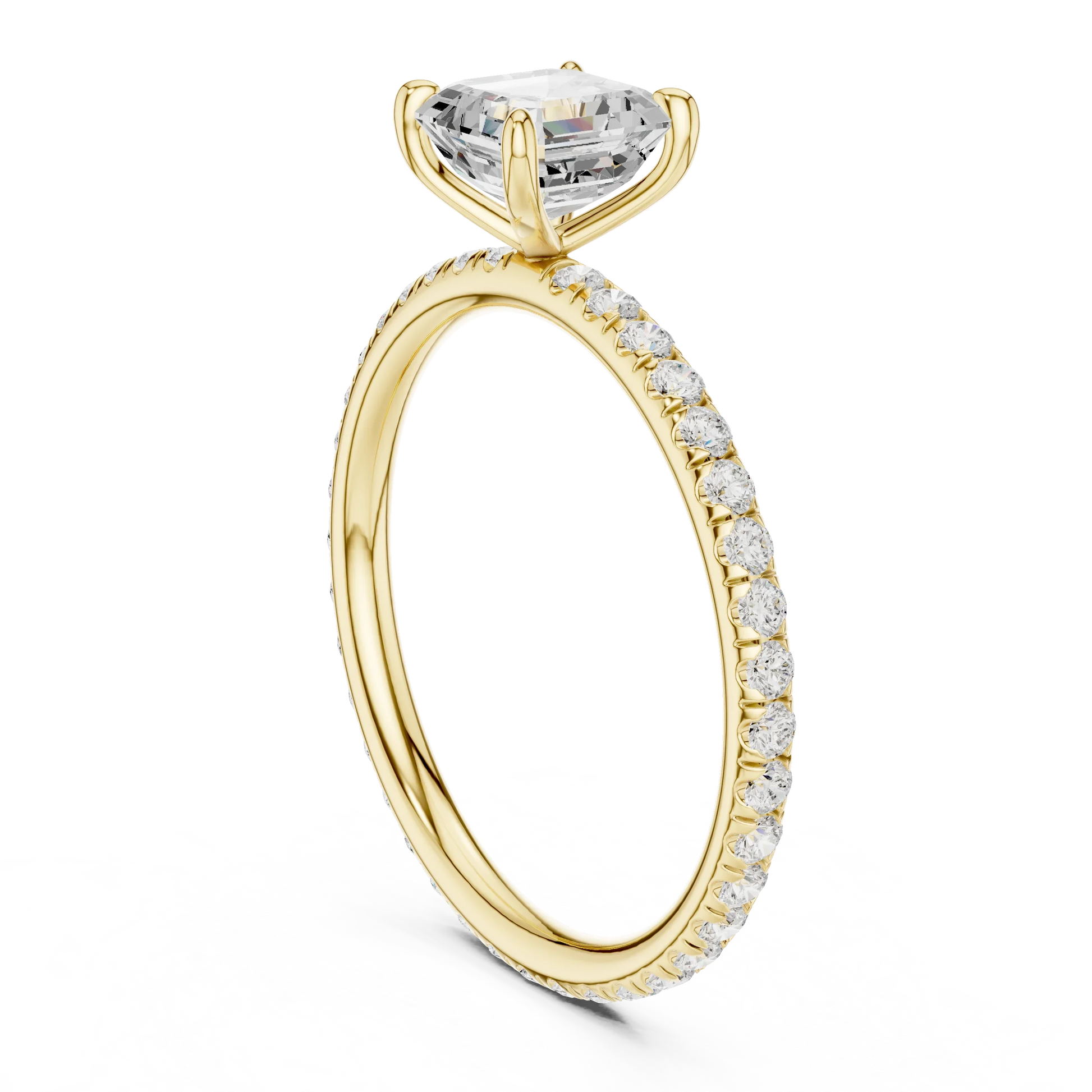 Back side view of yellow gold Asscher cut solitaire ring showing pavé band and setting structure