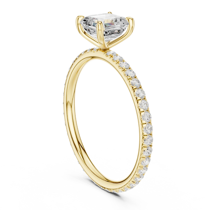 Back side view of yellow gold Asscher cut solitaire ring showing pavé band and setting structure