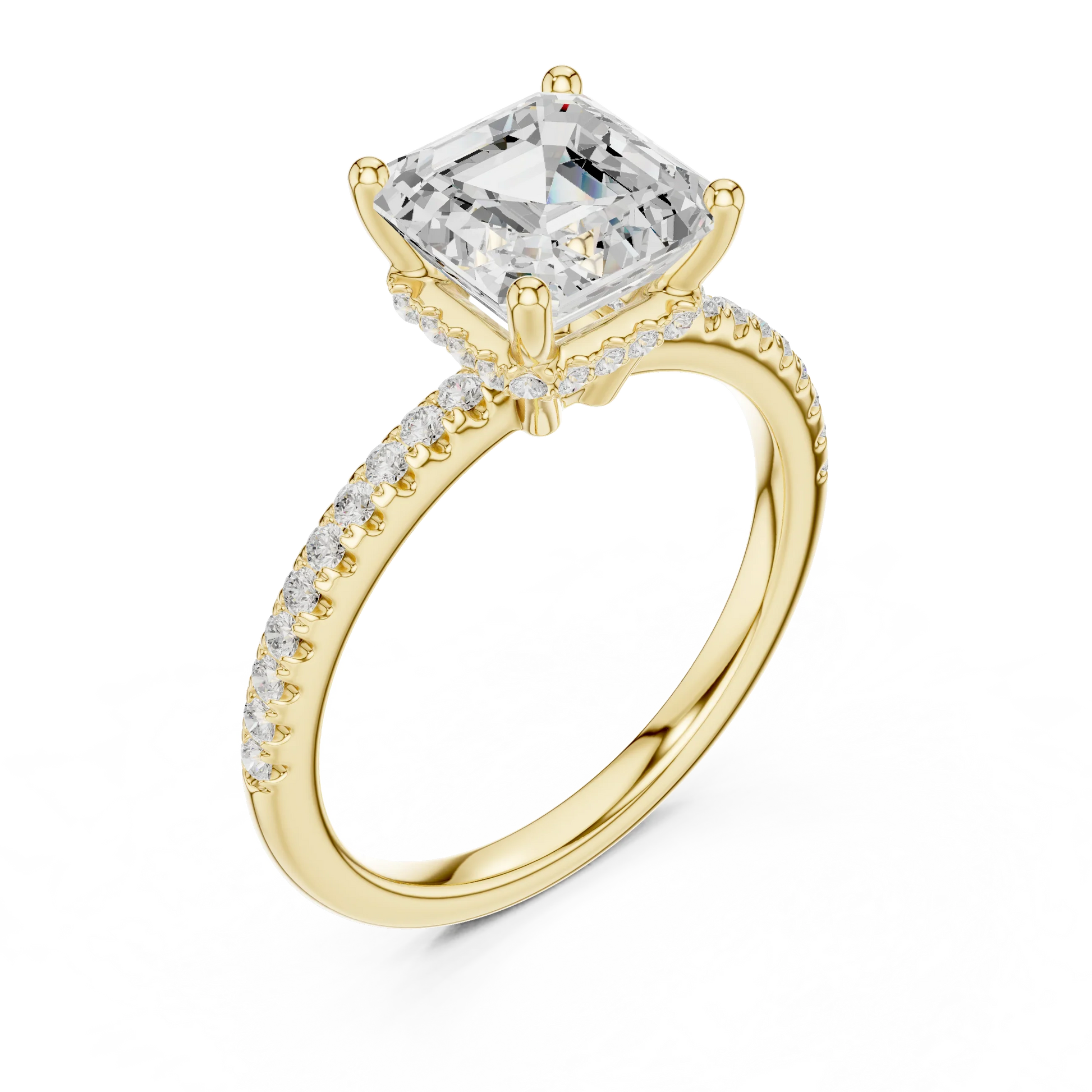 Front view of yellow gold Asscher cut solitaire ring with thin pave band and lab-created diamond