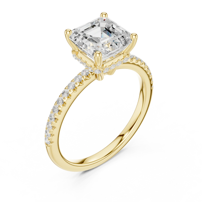 Front view of yellow gold Asscher cut solitaire ring with thin pave band and lab-created diamond