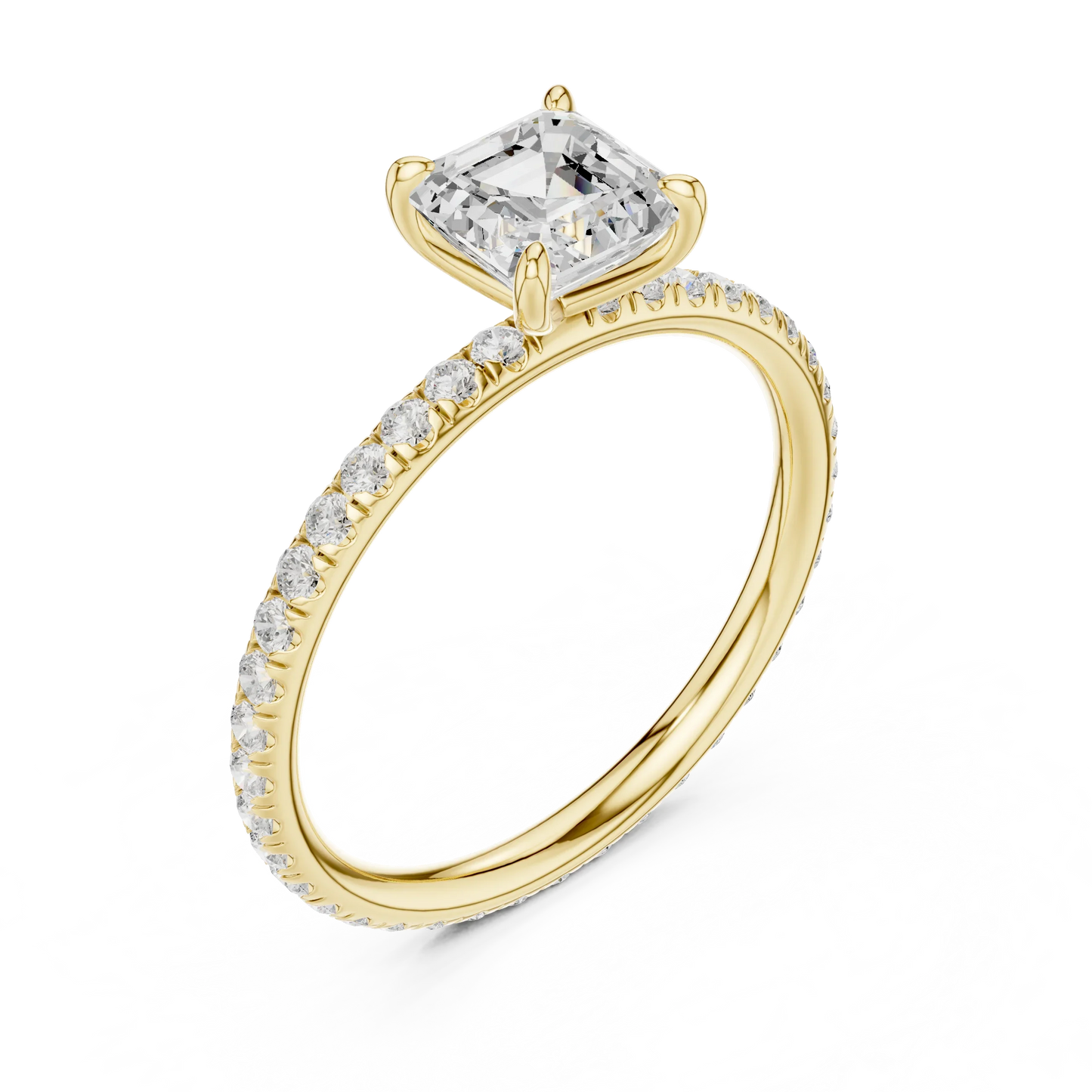 Front view of yellow gold Asscher cut solitaire ring with thin pavé diamond band and center gemstone