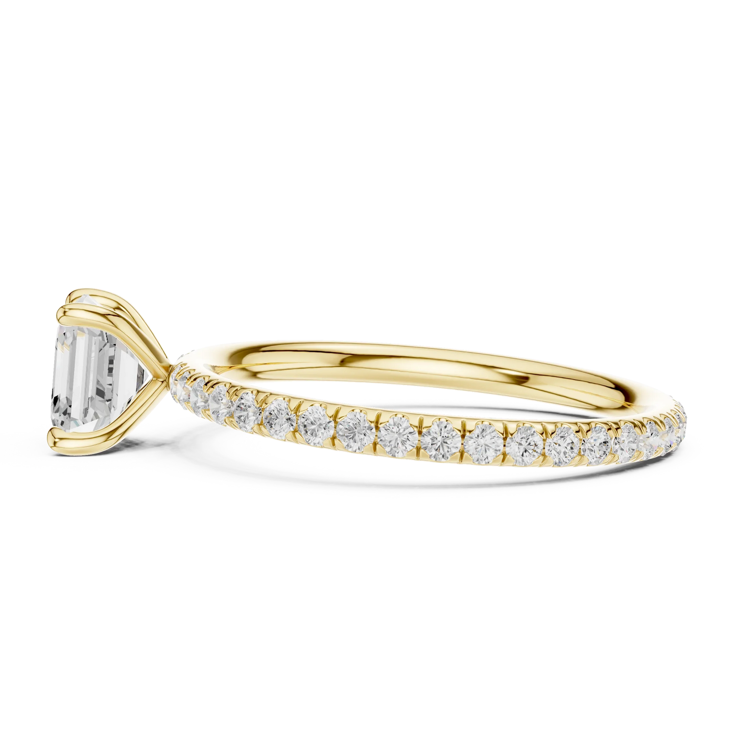 Side view of yellow gold Asscher cut solitaire ring with thin pavé diamond band and prong setting