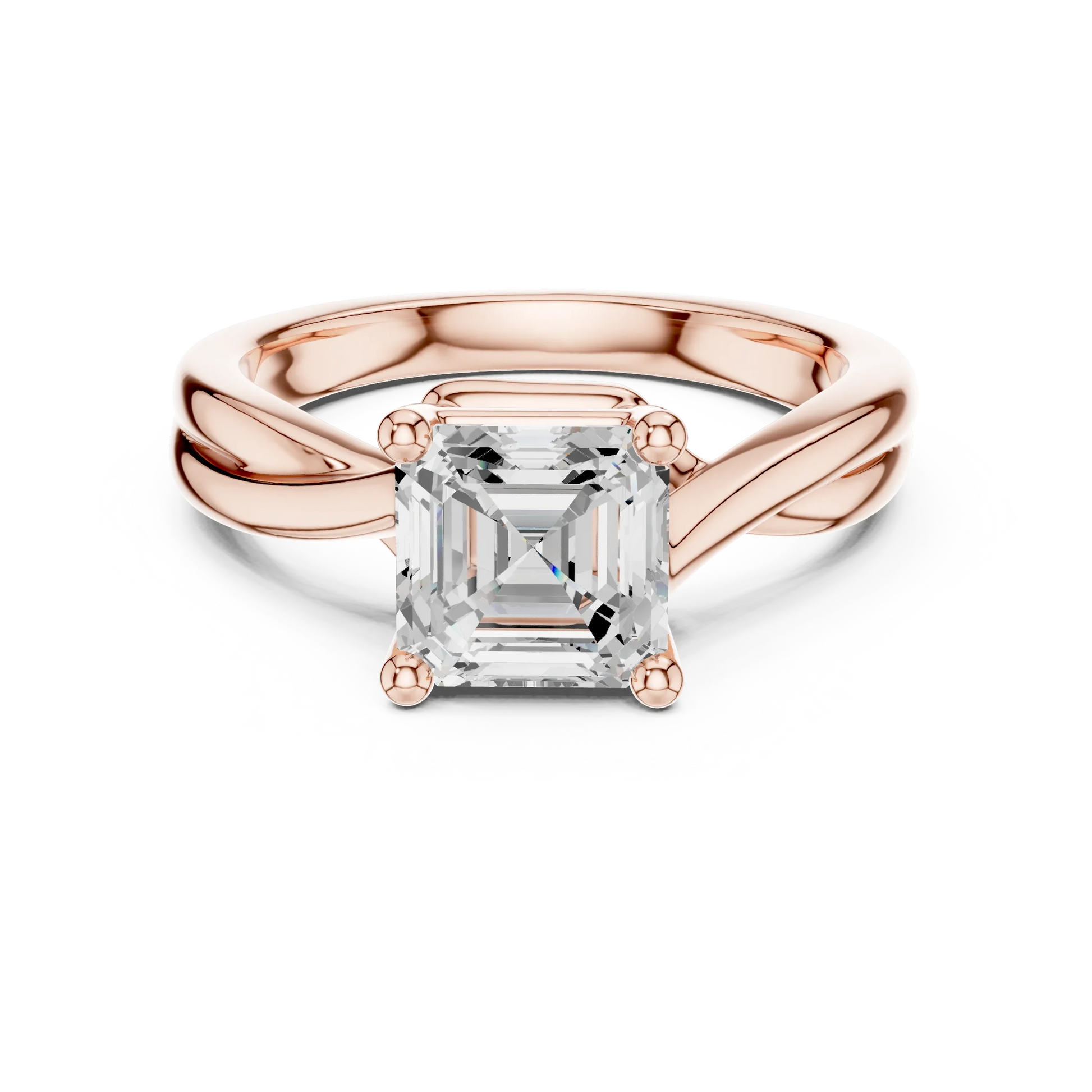 Lab-grown Asscher cut solitaire ring in rose gold with twisted band design