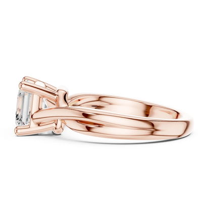 Side profile of rose gold Asscher cut solitaire ring with twisted band and elevated center stone