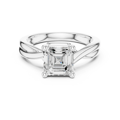 Lab-grown Asscher cut solitaire ring in white gold with twisted band design
