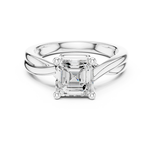 Lab-grown Asscher cut solitaire ring in white gold with twisted band design