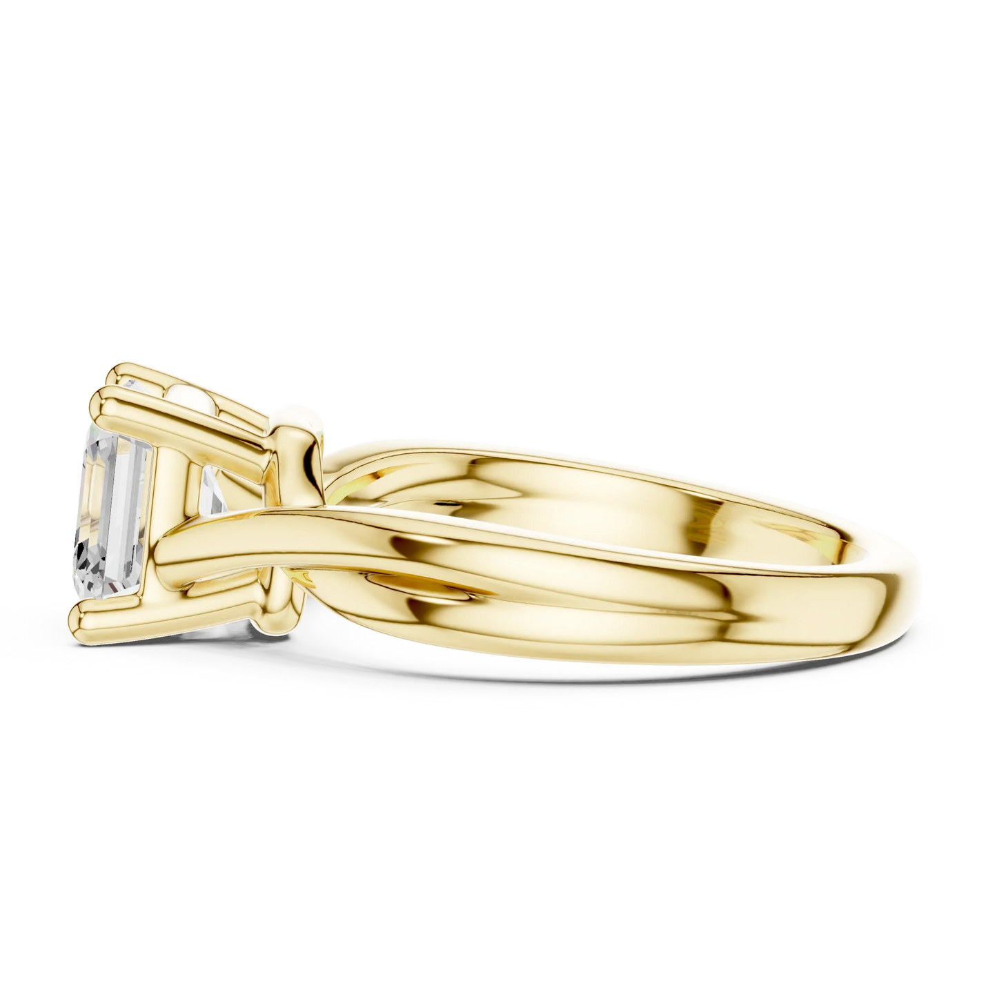 Side view of yellow gold Asscher cut solitaire ring with twisted band and prong setting