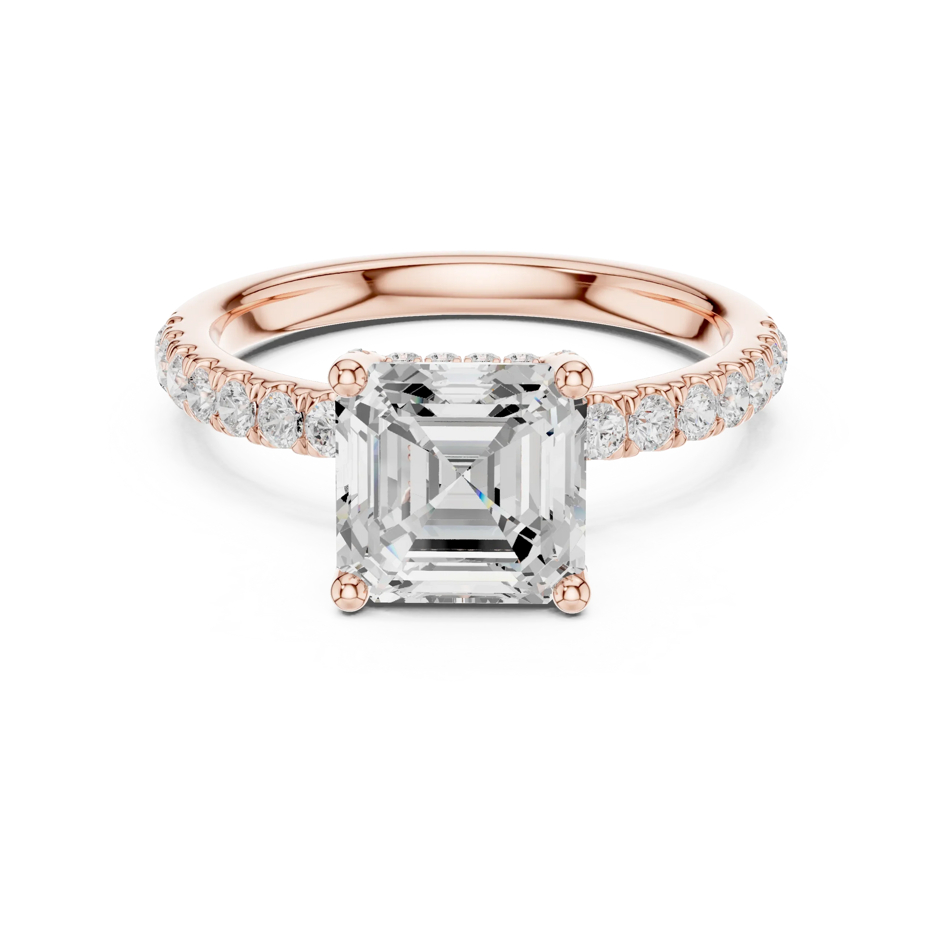 Lab-grown Asscher cut solitaire ring in rose gold with pavé diamond band
