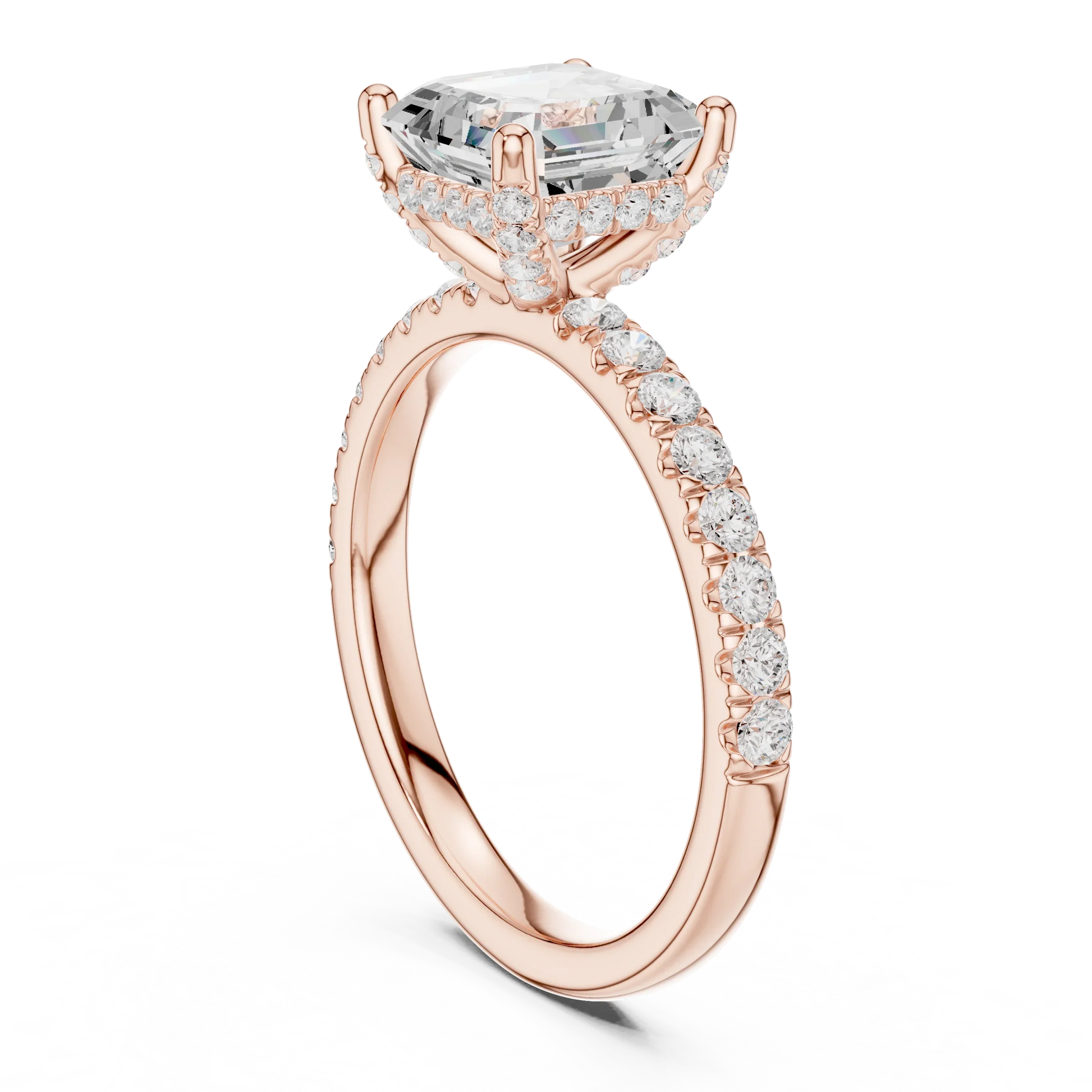 Back view of rose gold Asscher solitaire ring with pavé diamond band showing band structure