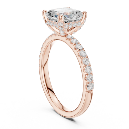 Back view of rose gold Asscher solitaire ring with pavé diamond band showing band structure