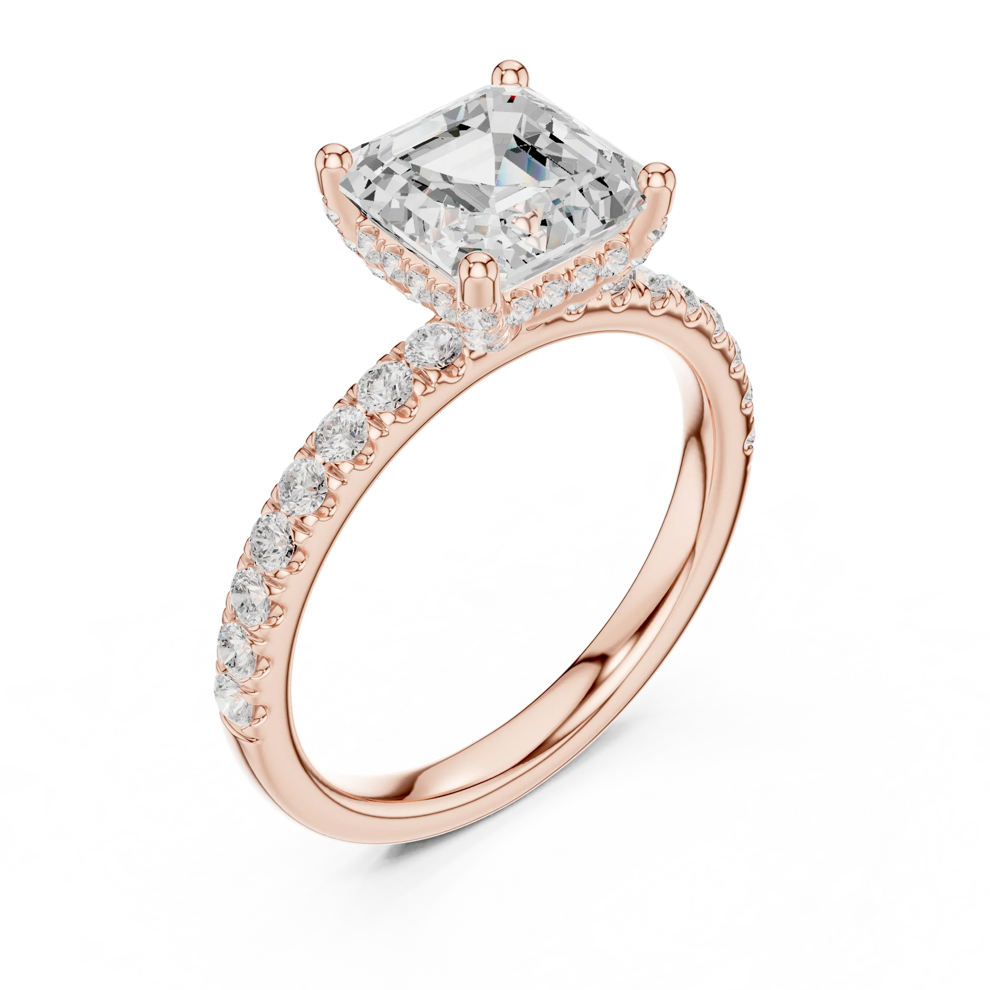 Front view of rose gold Asscher cut solitaire ring with pavé diamond band highlighting center stone