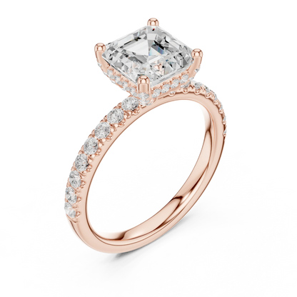 Front view of rose gold Asscher cut solitaire ring with pavé diamond band highlighting center stone