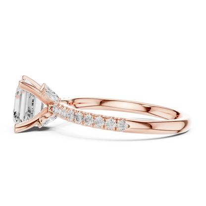 Side view of rose gold Asscher solitaire ring with pave diamond band and lab-grown diamond – Australia