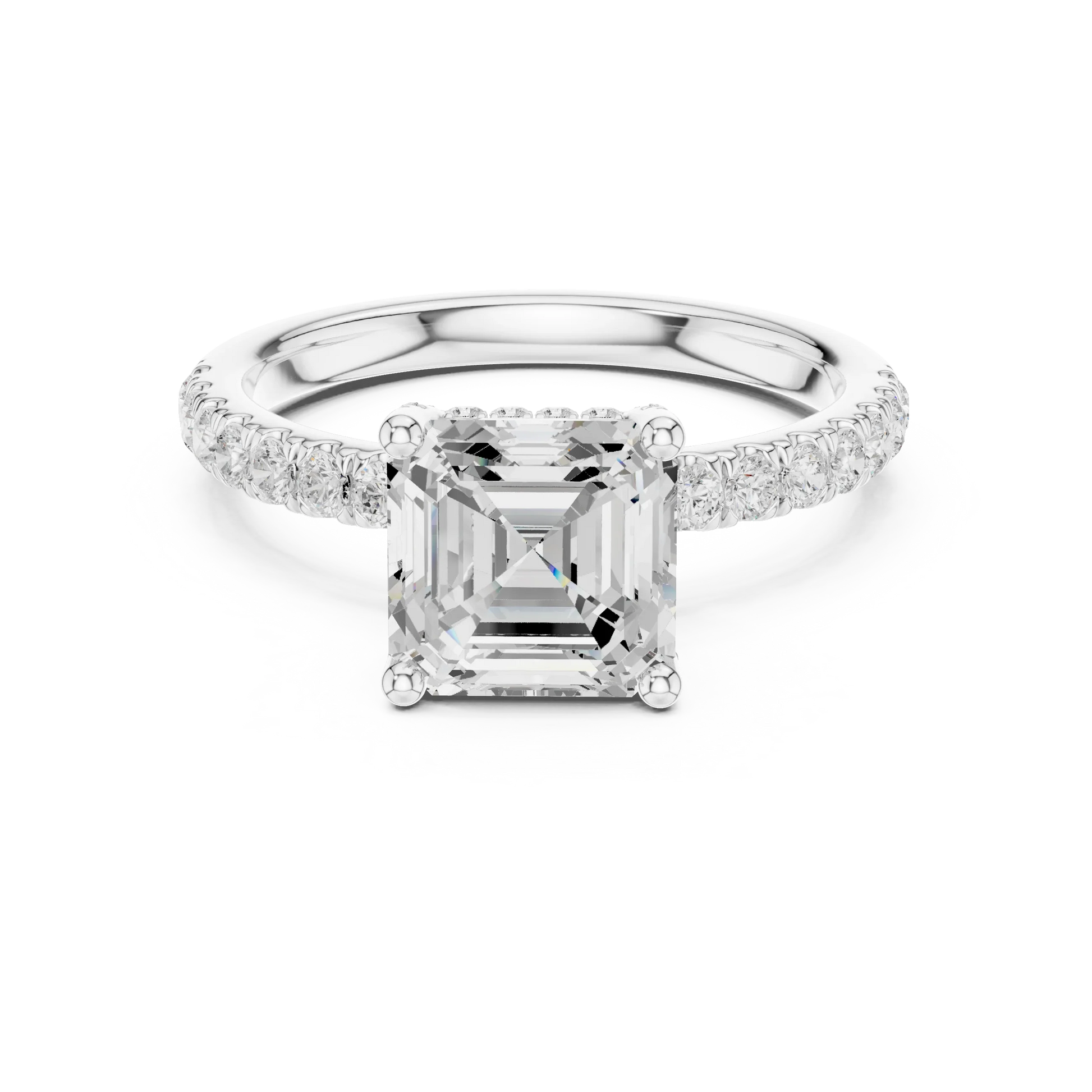 Lab-grown Asscher cut solitaire ring in white gold with pavé diamond band