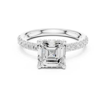 Lab-grown Asscher cut solitaire ring in white gold with pavé diamond band