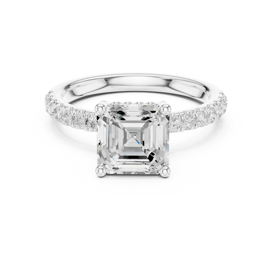 Lab-grown Asscher cut solitaire ring in white gold with pavé diamond band