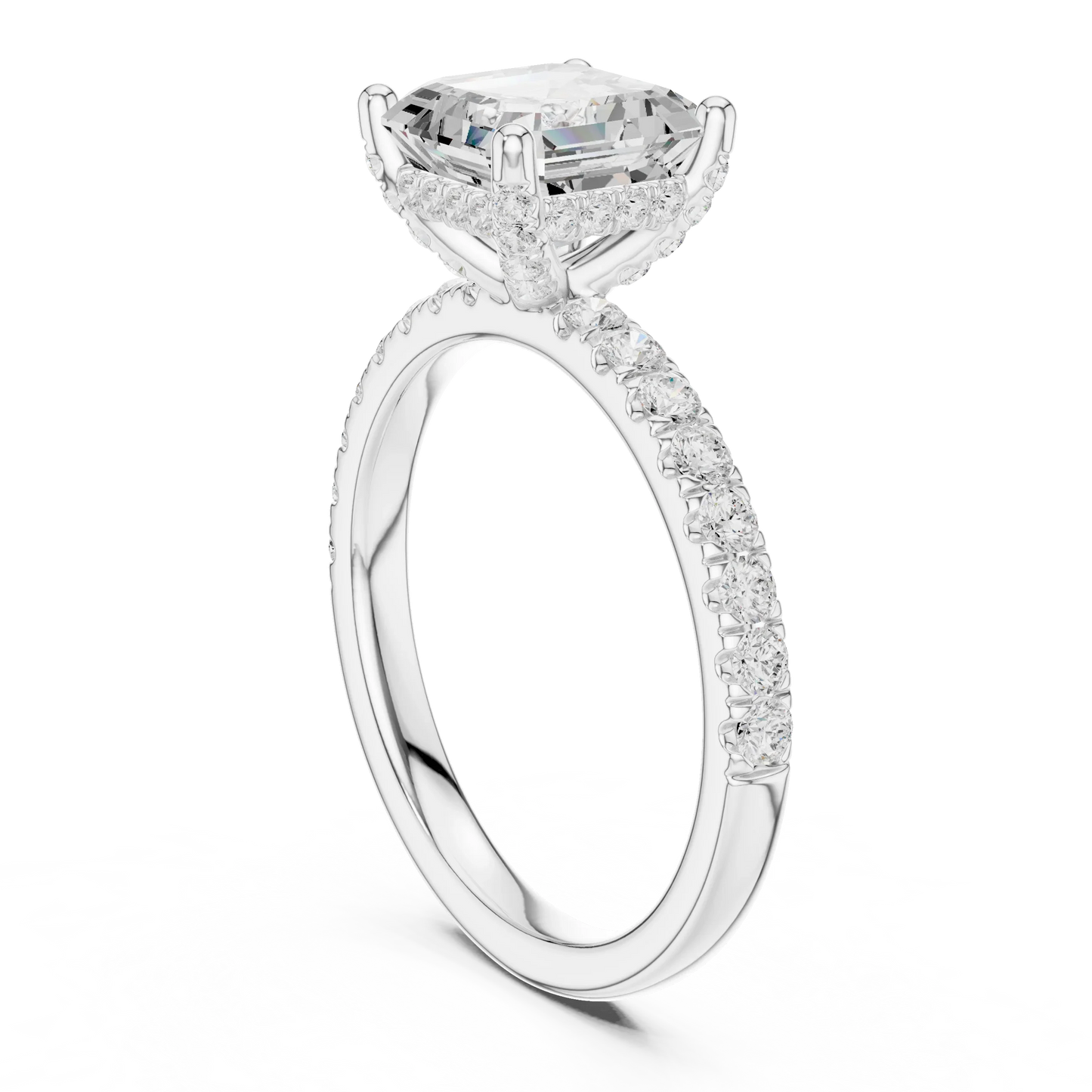 Back view of white gold Asscher solitaire ring with pavé diamond band showing setting details