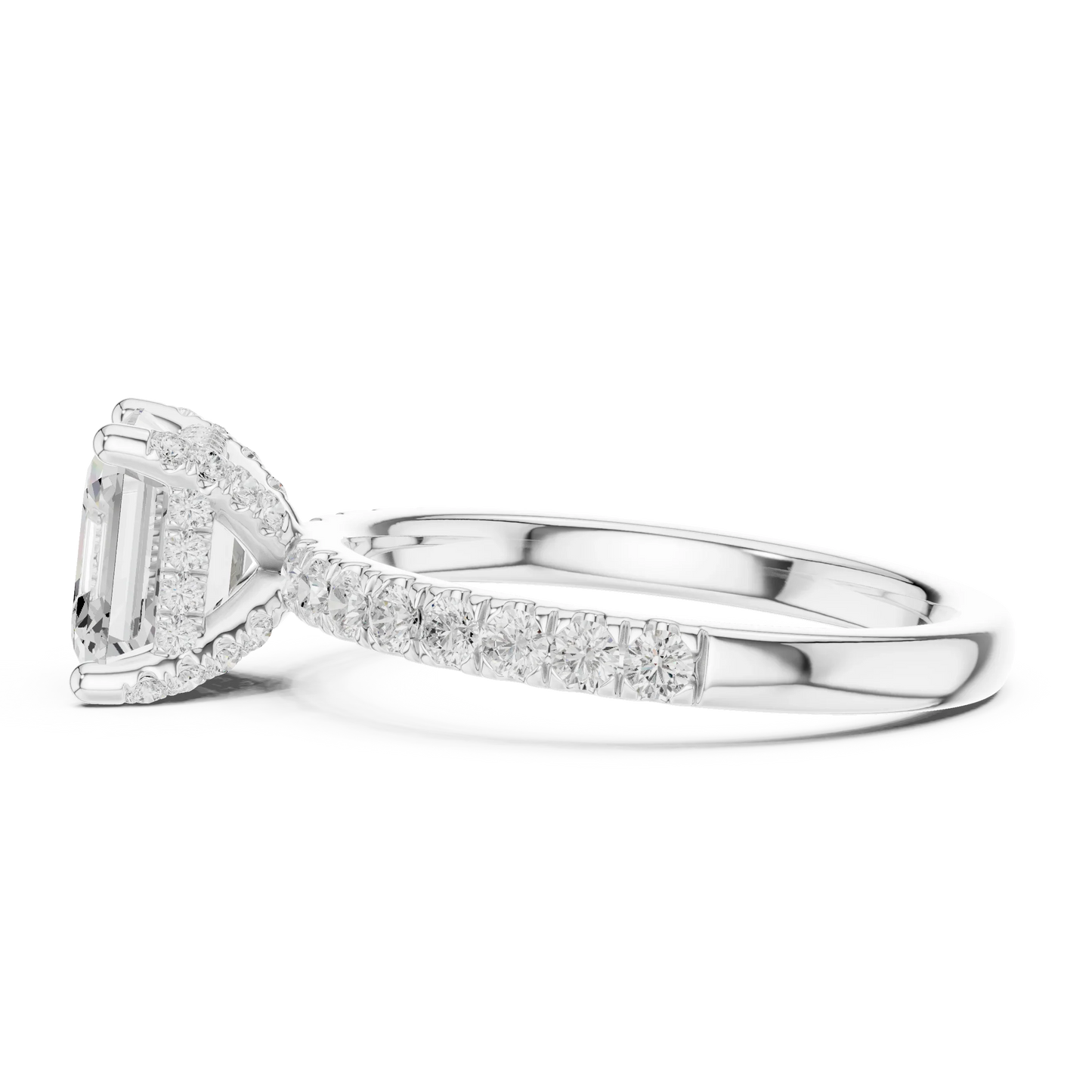 Side view of white gold Asscher cut solitaire ring with pavé diamond band highlighting prong setting