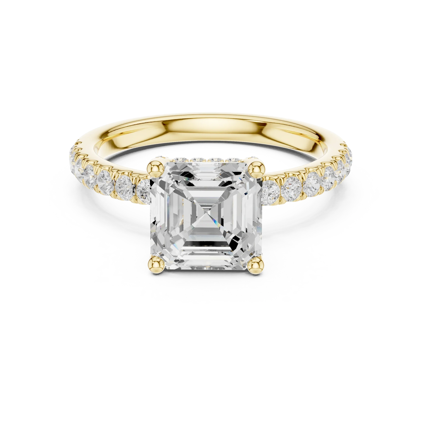 Lab-grown Asscher cut solitaire ring in yellow gold with pavé diamond band