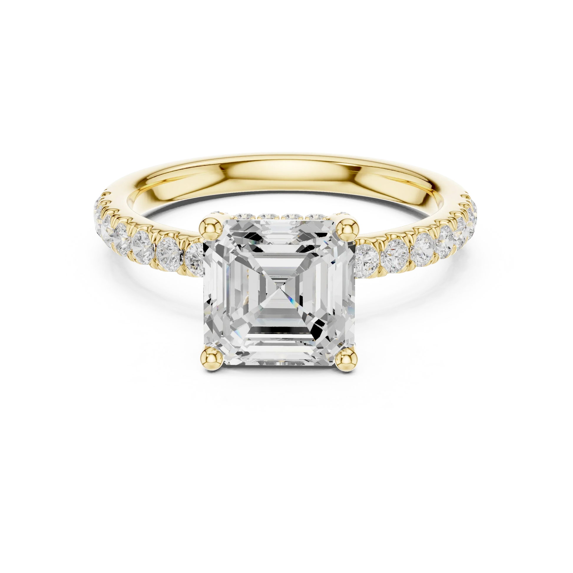 Lab-grown Asscher cut solitaire ring in yellow gold with pavé diamond band