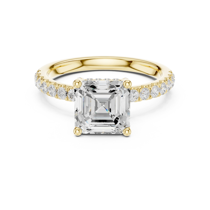 Lab-grown Asscher cut solitaire ring in yellow gold with pavé diamond band