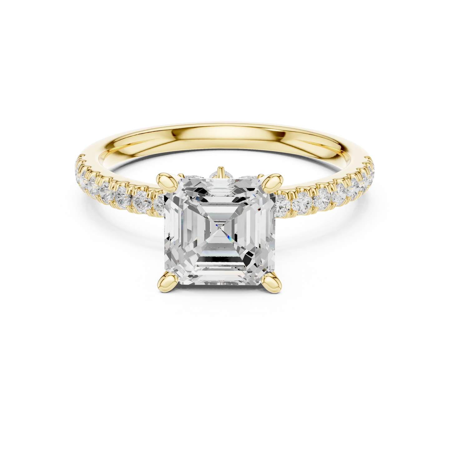 Asscher solitaire ring in yellow gold with pave diamond band and lab-grown diamond – Australia