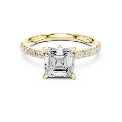 Asscher solitaire ring in yellow gold with pave diamond band and lab-grown diamond – Australia