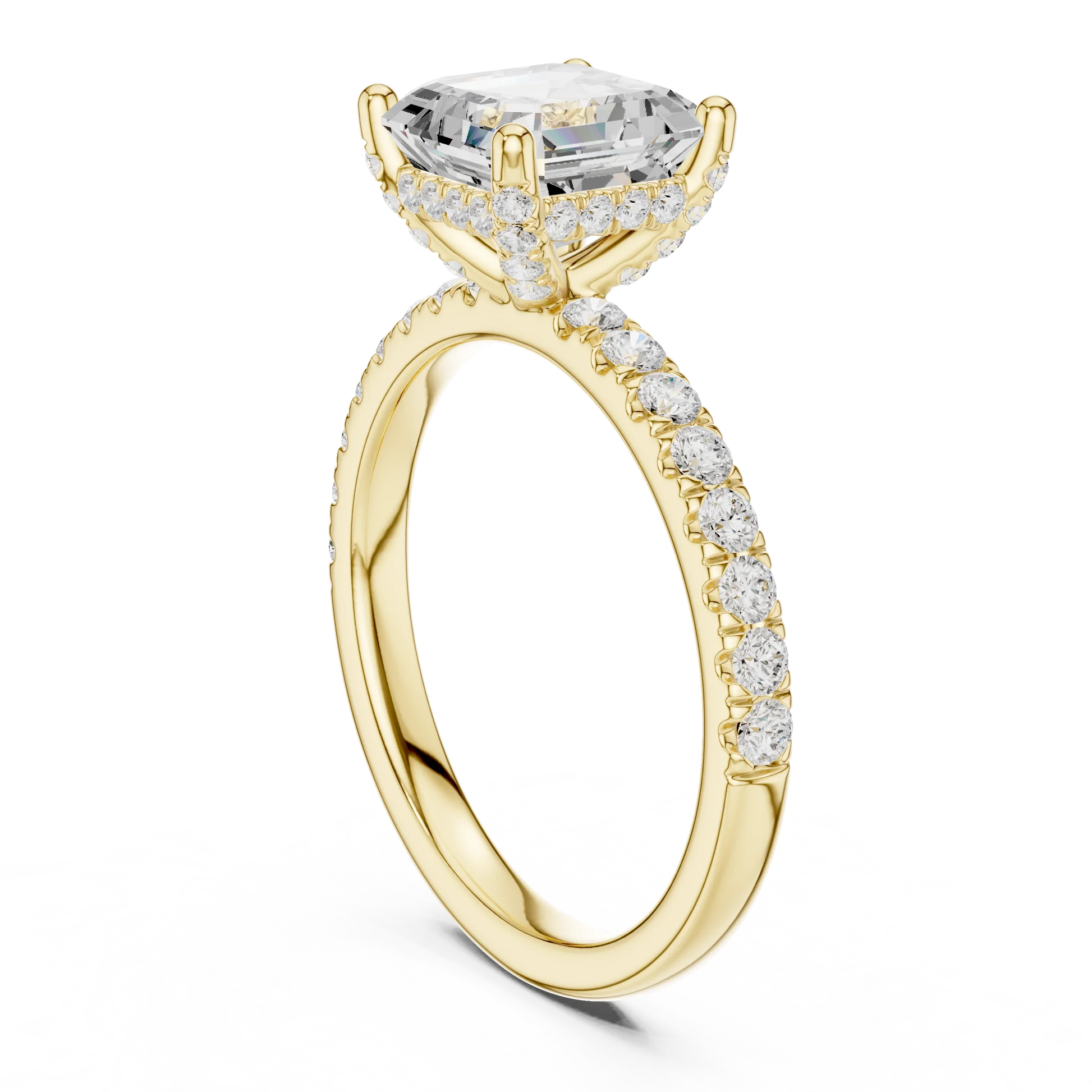 Back view of yellow gold Asscher solitaire ring with pavé diamond band showing band and setting